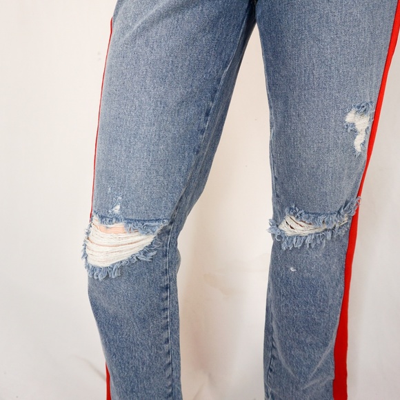 CARMAR Distressed Jeans Denim Red Stripe 25 Blue - Picture 6 of 7